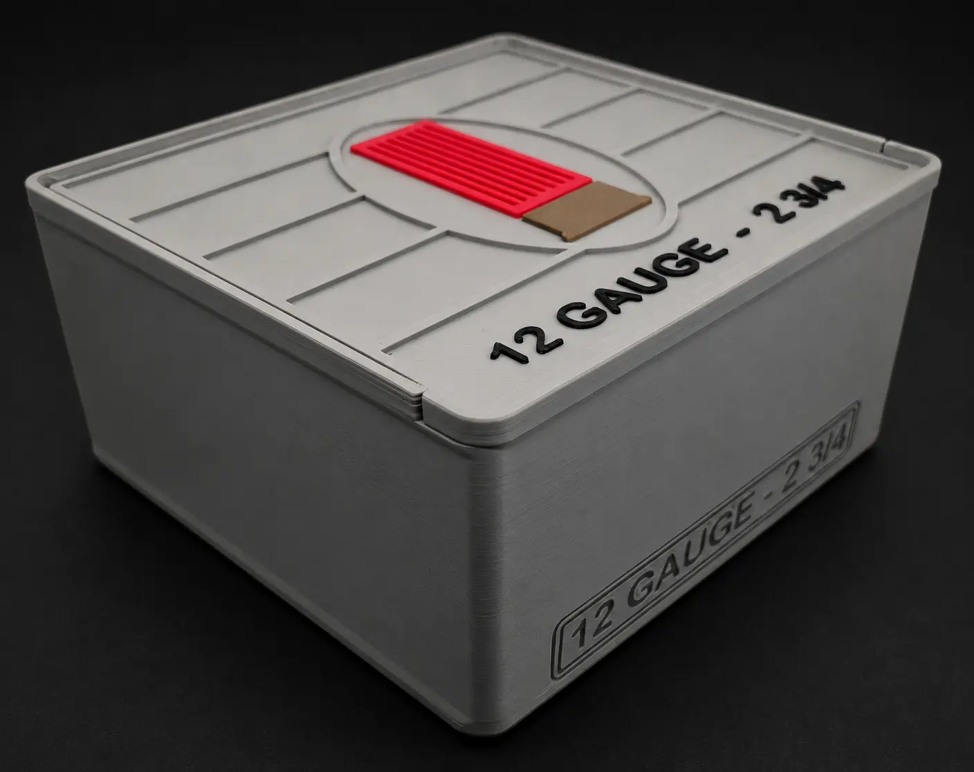 Custom 12 Gauge 25 round ammo box with Gray body and Black text
