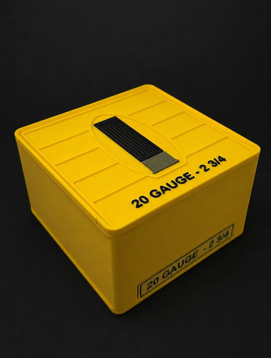 Custom 20 Gauge 25 round ammo box with Yellow body and Black text