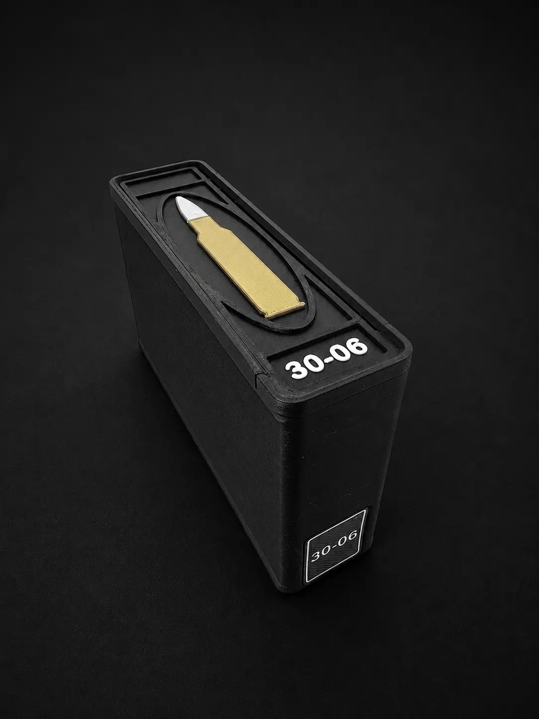 Custom 30-06 Springfield 20 round ammo box with Black body and White text