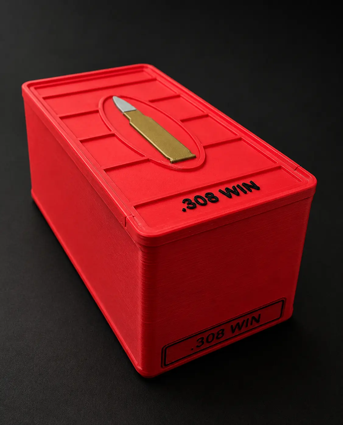 Custom .308 Winchester 50 round ammo box with Scarlet Red body and Black text