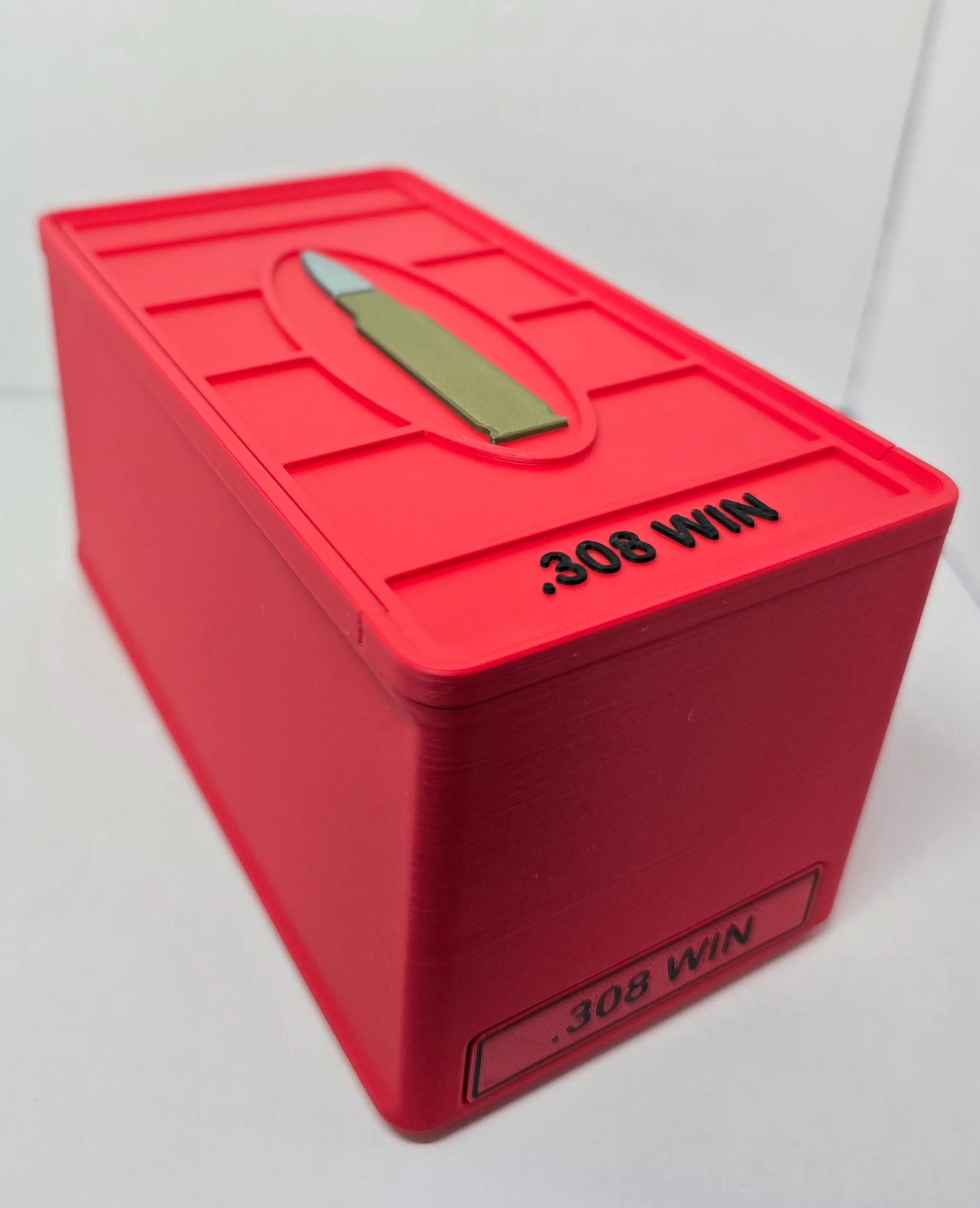 Custom .308 Winchester 50 round ammo box in Scarlet Red with multi-color cartridge detail