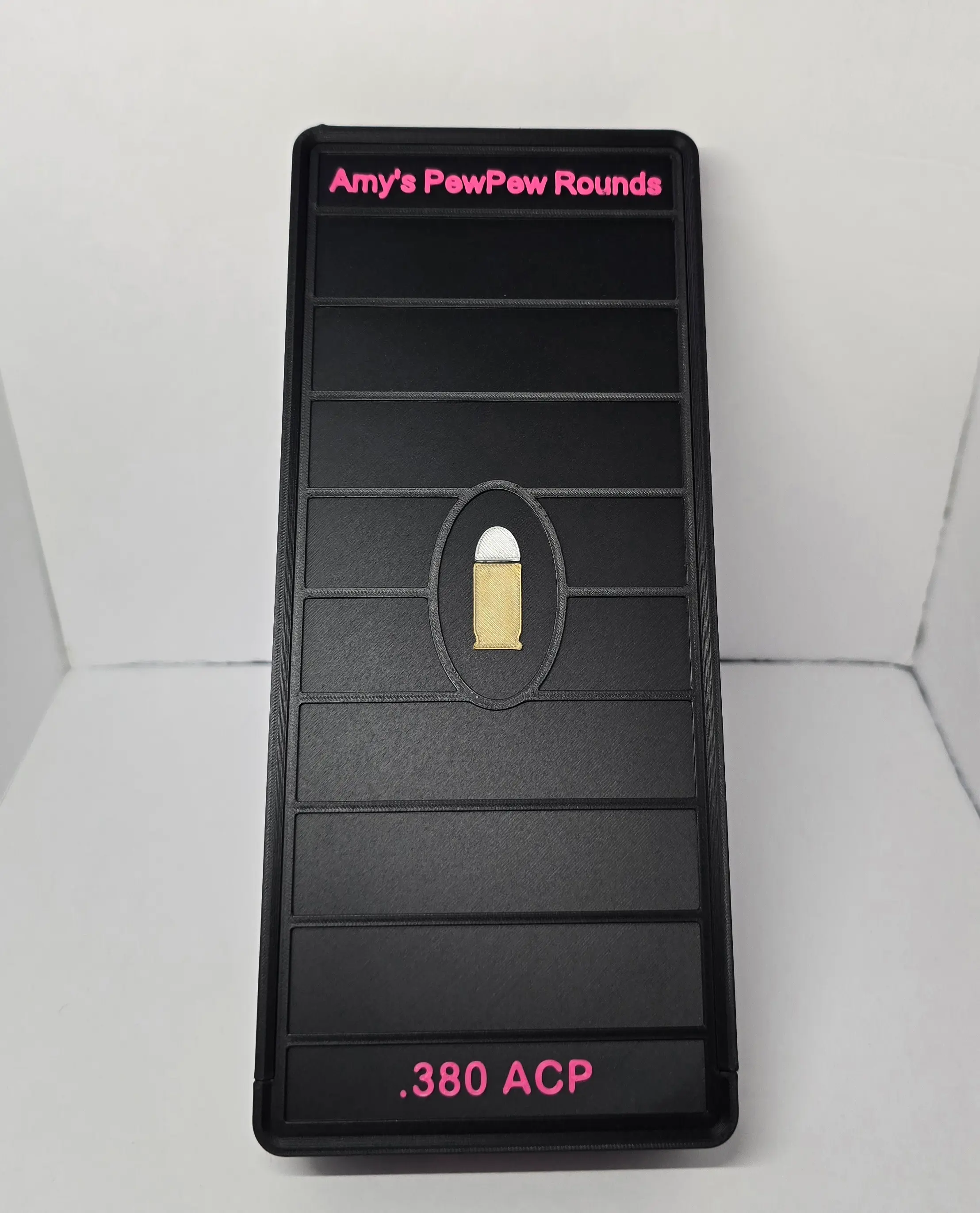 Personalized Amy's PewPew Rounds text on Black and Hot Pink .380 ACP ForgeBox