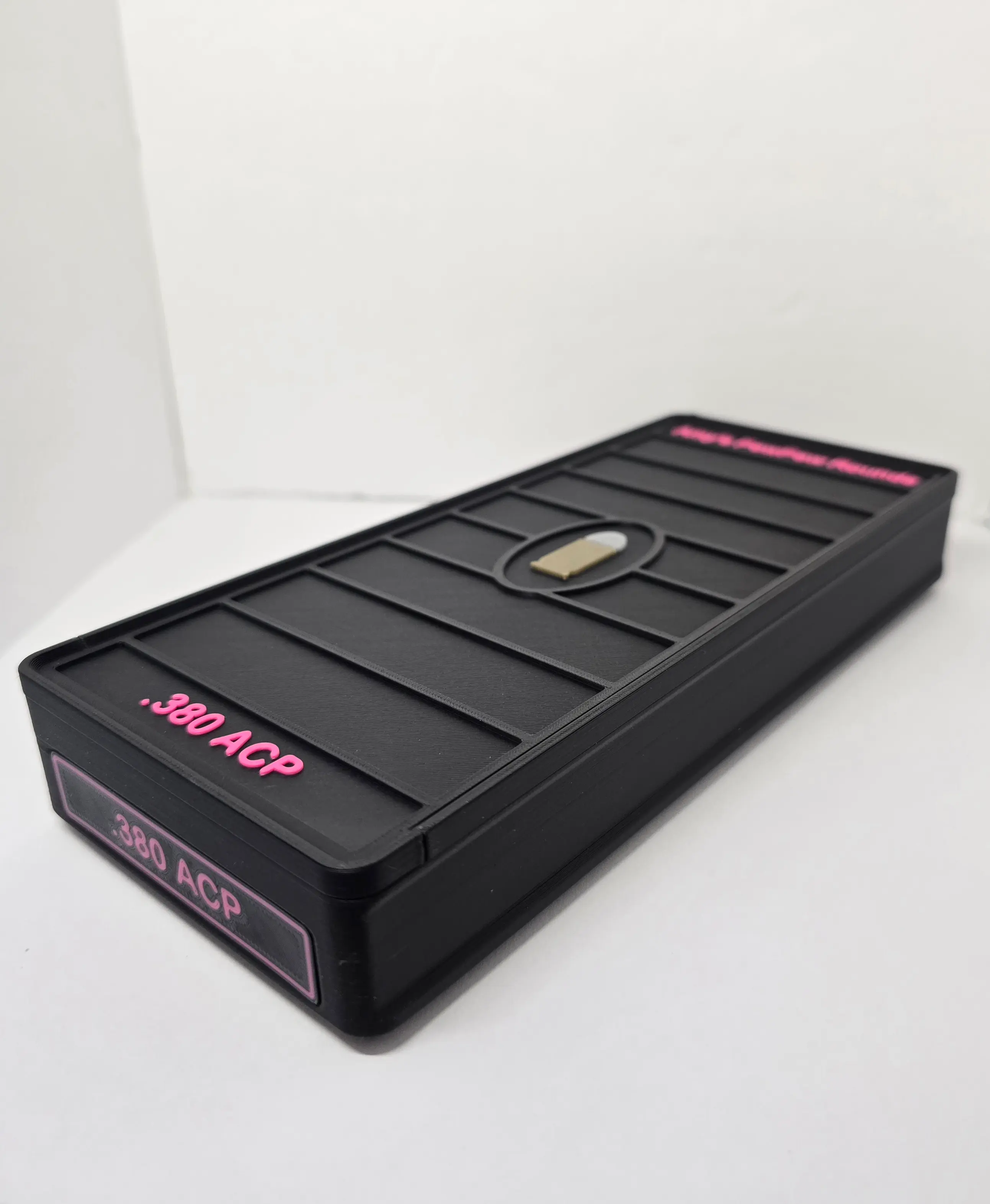 Front angled view of custom Black and Hot Pink .380 ACP ForgeBox