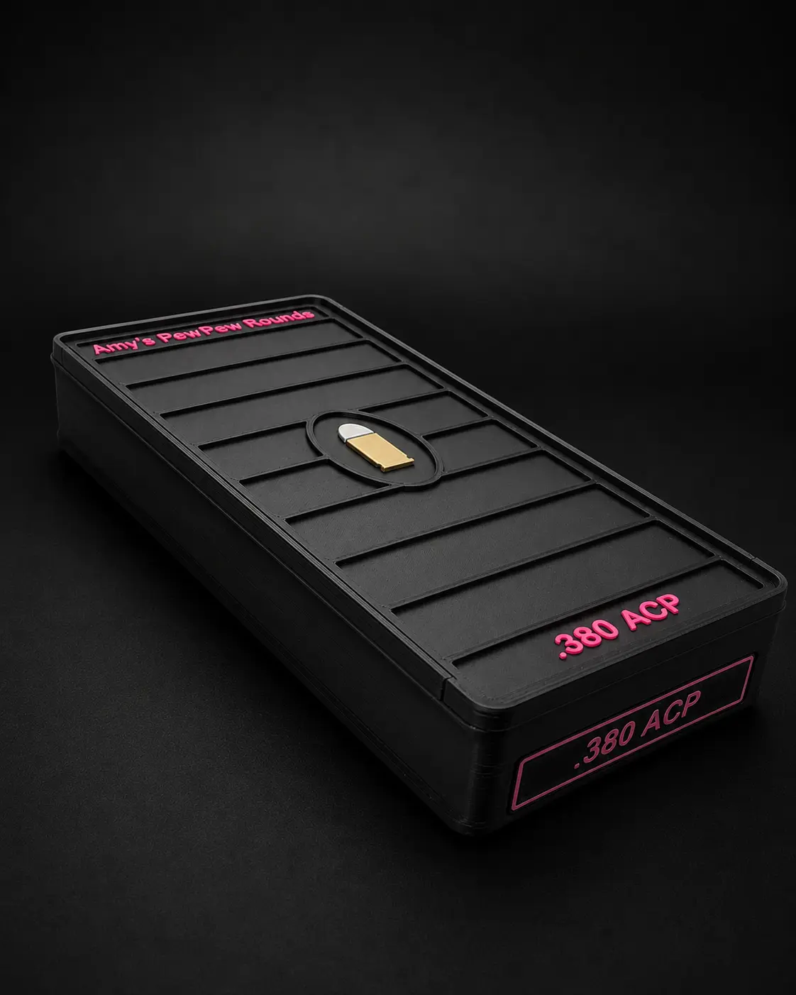 Custom .380 ACP 102 round ammo box with Black body and Hot Pink text