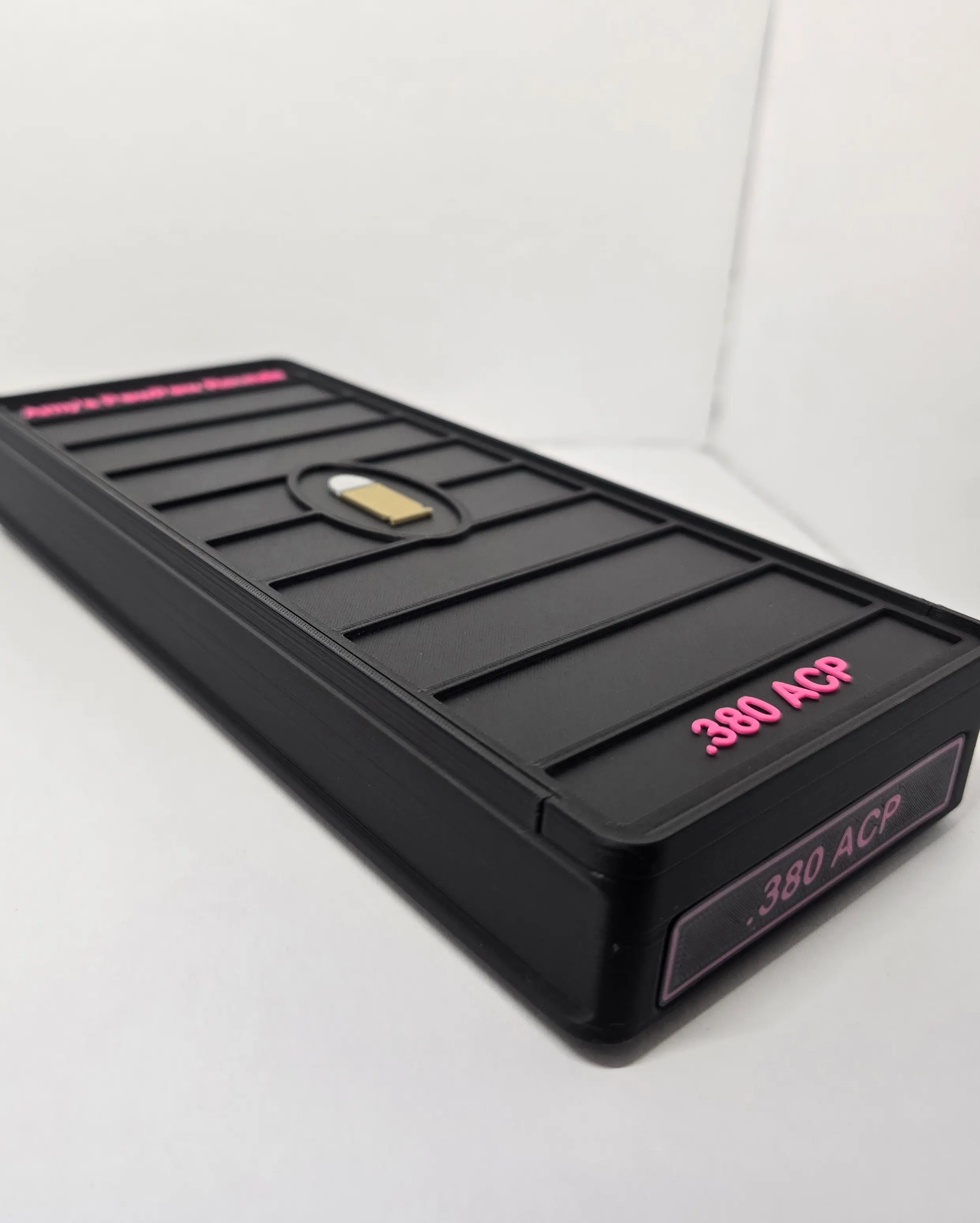Custom .380 ACP 102 round ammo box in Black and Hot Pink with personalized Amy's PewPew Rounds text