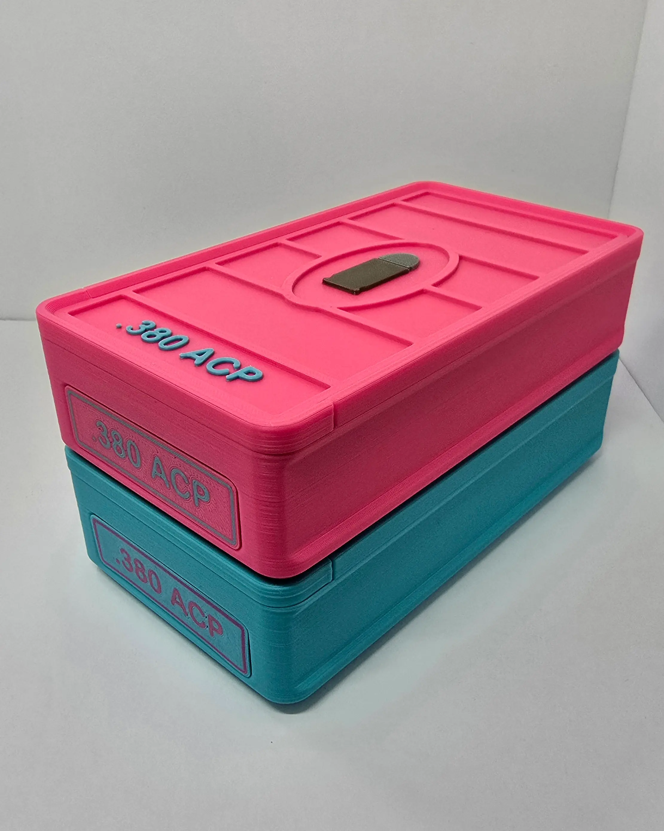 Custom .380 ACP 50 round ammo box in Hot Pink and Turquoise