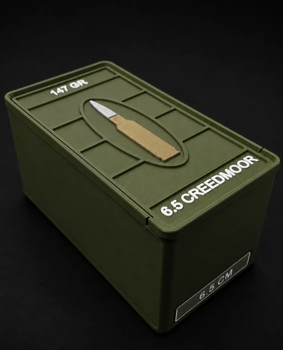 Custom 6.5 Creedmoor 50 round ammo box with Dark Green body and White text