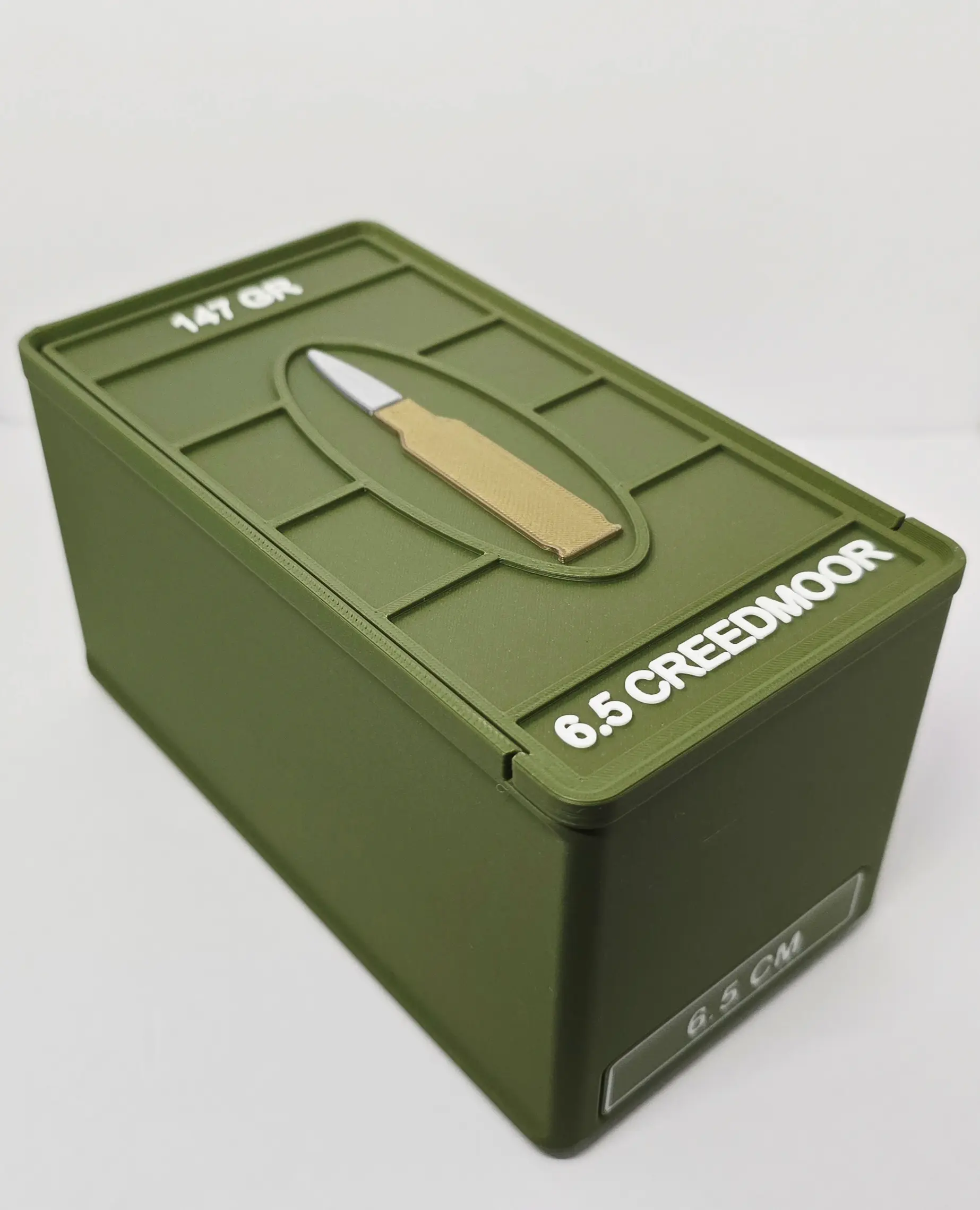 Custom 6.5 Creedmoor 50 round ammo box in Dark Green and White with 147 GR text