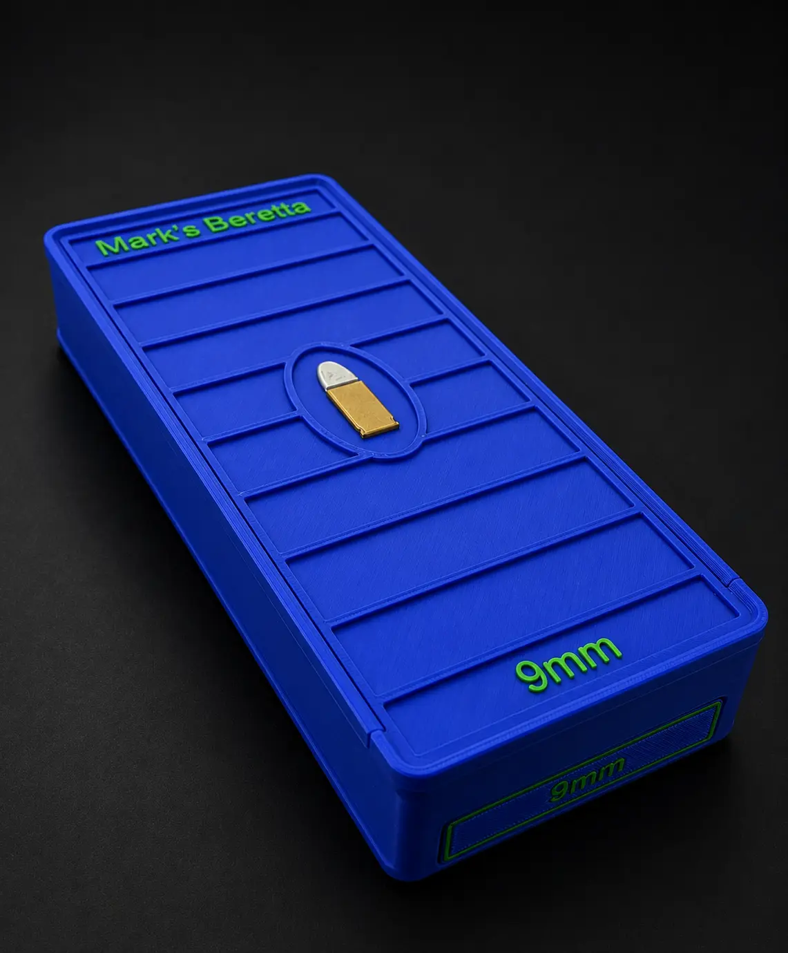 Custom 9mm 102 round ammo box with Blue body and Green text