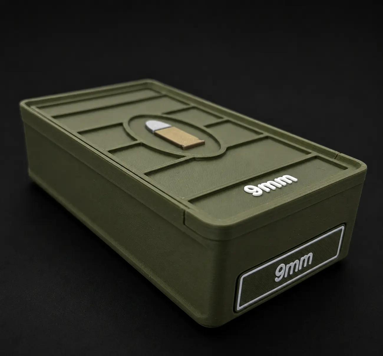 9mm 50 round ForgeBox with dark green body and white text