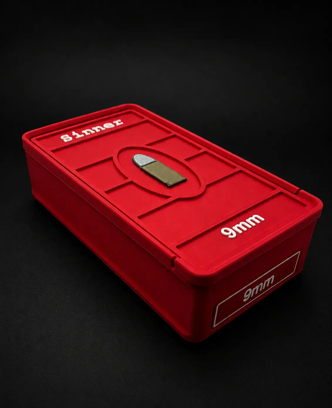 Custom Sinner 9mm 50 round ForgeBox with Scarlet Red body and White text