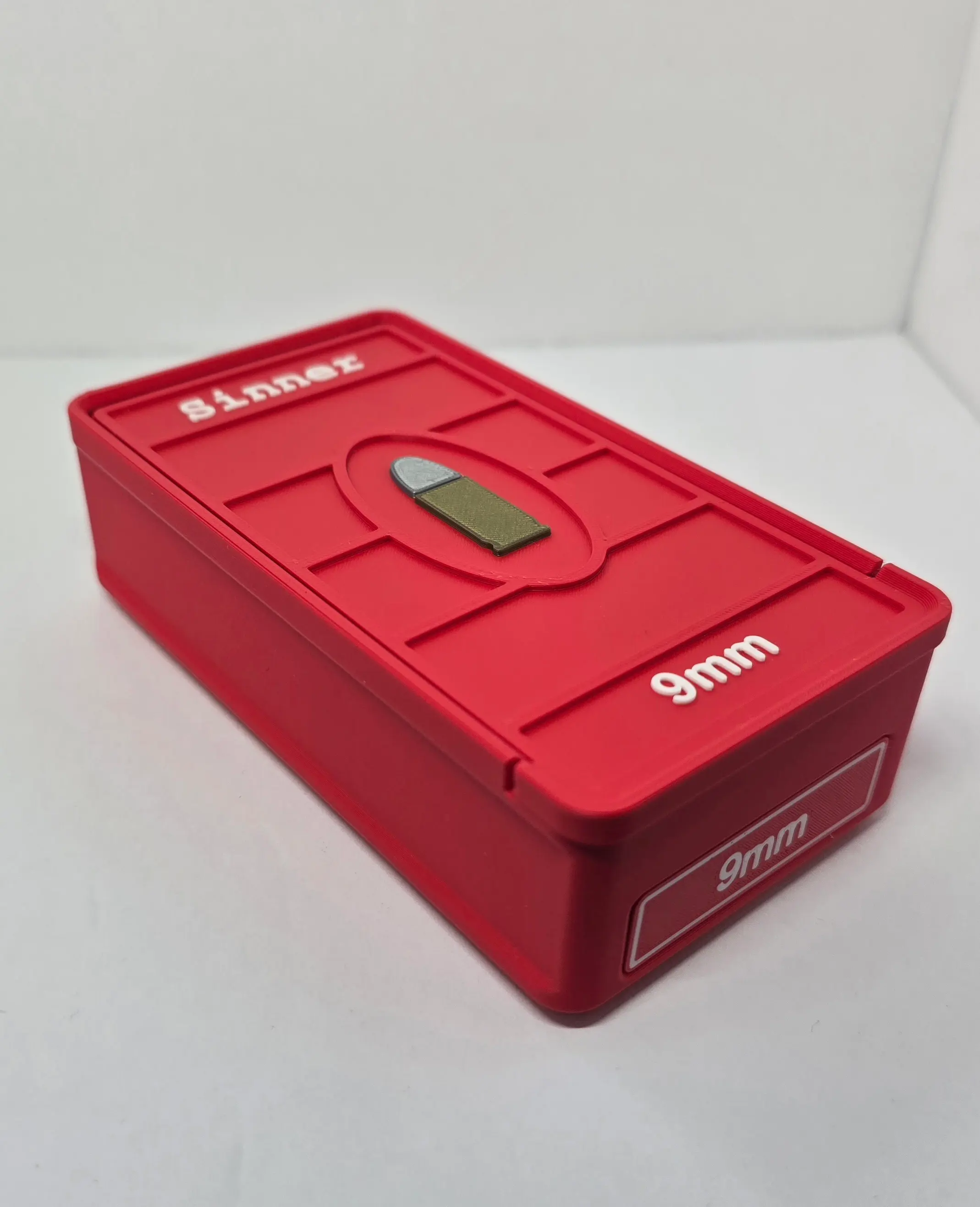 Custom Sinner 9mm 50 round ForgeBox with Scarlet Red body and White text