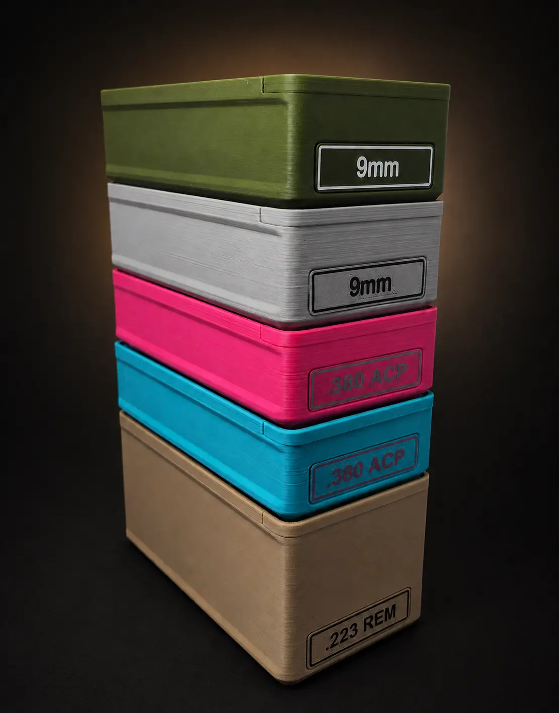 Stacked ForgeBox ammo storage boxes demonstrating stack compatibility